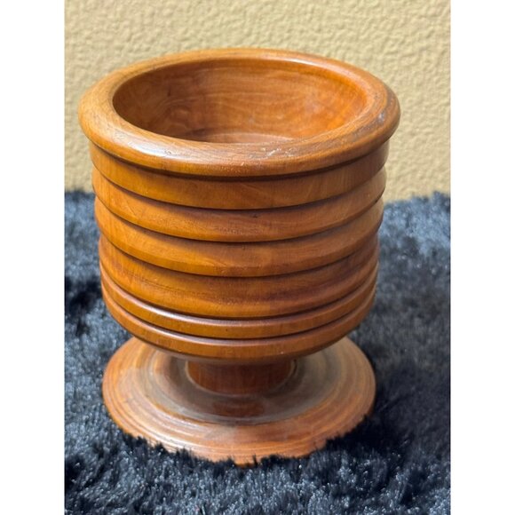 Vintage Handcrafted Turned Wooden Pedestal Bowl With Ribbed Design - Picture 3 of 7